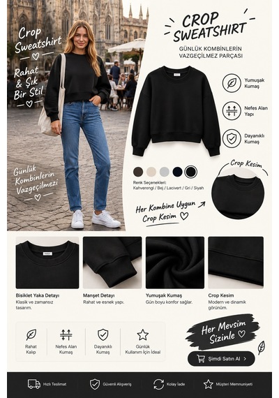 Luxıc Core Kadın Crop Bisiklet Yaka Sweatshirt Pamuklu Yumuşak Dokulu Günlük Spor Sweatshirt Siyah
