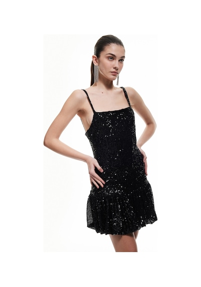 Koton Pullu Payetli Kare Yaka Askılı Mini Elbise Siyah 5sak80078fk Siyah