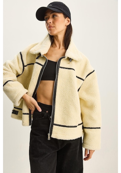 Shade Kadın Suni Deri Biye Detaylı Cepli Teddy Biker Ceket 2370 60281126 - Bej