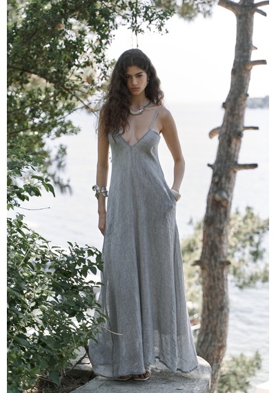 Mai Collection Mai Studios Co. Cinas Askılı Uzun Füme Keten Elbise Füme