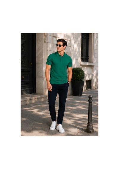 Luxıc Core Erkek Polo Yaka Yeşil Tişört Likralı Pike Kumaş Terletmez Slim Fit Günlük Şık Tasarım