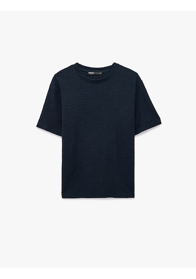 Koton Regular Fit Kısa Kollu Dokulu Tok Kumaş Bisiklet Yaka Tişört Lacivert 6sam10378mk