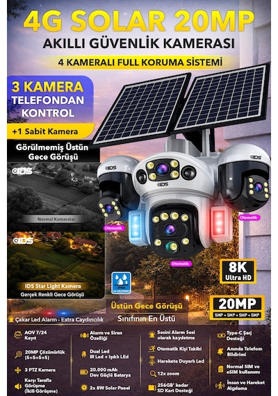 3 Hareketli 20mp 4 Kamera 4g Solar Güneş Enerjili Güvenlik Kamerası - Anlık Bildirim - Cepten İzle