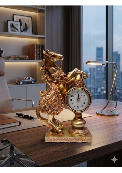Dekoratif Sevgiliye Babaya Yöneticiye Özel Lüks Hediye At Heykeli Ev Ofis Masaüstü Saati 25x16 Cm Gold