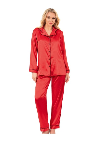 Ahu Biyeli Uzun Kol Saten Önden Düğmeli Pijama Takımı Kırmızı 7647 Kırmızı