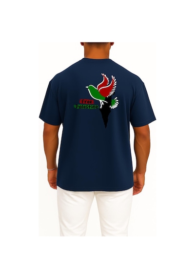Bahriyeli Collection Oversize Free Palestine Göğüs Ve Sırt Tasarımlı Unisex T-shirt Lacivert