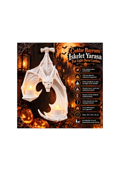 Cadılar Bayramı İskelet Yarasa Led Tea Light Duvar Lambası Beyaz 3d Baskı Gotik Halloween Duvar Dekoru Beyaz Beyaz