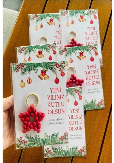 Kırmızı 5 Adet Yılbaşı Hediyesi Anahtarlık - Yeni Yıl Ahşap Yıldız Anahtarlık 5 Adet