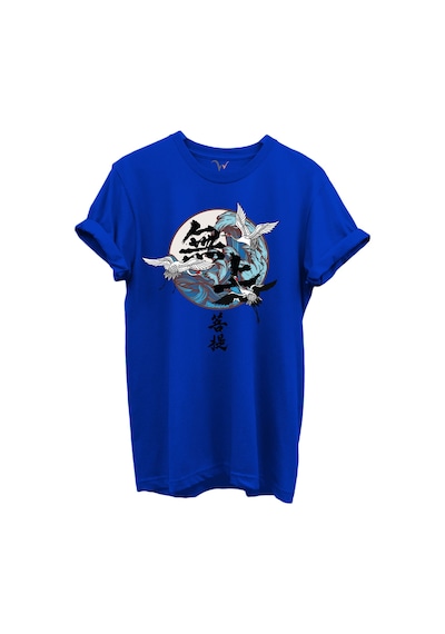 Japon Sanatı Stilinde Turna Kuşları Ve Dalga Desenli %100 Pamuk Regular Fit Unisex T-shirt Mavi