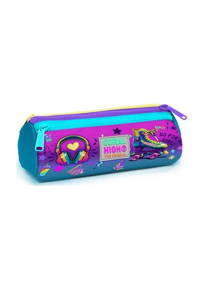 Coral High Kids Pembe Turkuaz Kulaklık Paten Desenli Üç Bölmeli Kalem Çantası 22054 Çok Renkli