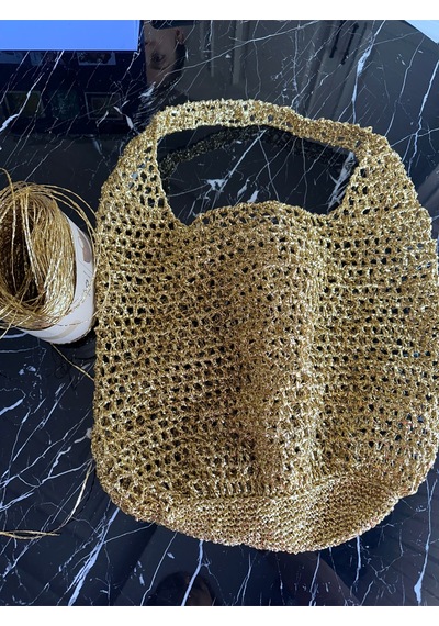 Handmade Çanta /el Örgüsü Omuz Çantası / Metalik Ip Parlak Simli Dore / Altın Renk File Çanta Altın