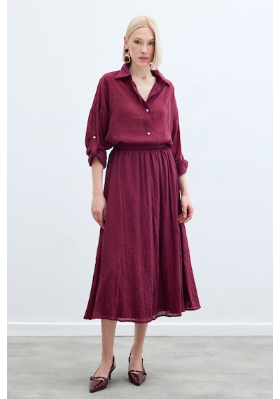 Sateen Kol Detaylı Salaş Gömlek - Bordo-136247 Bordo