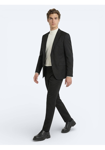 Siyah Düz Modern Fit Yün Karışımlı Takım Elbise Siyah
