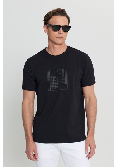 Altınyıldız Classıcs Erkek Sıyah Pamuklu Slim Fit Dar Kesim Baskılı Esnek Tişört SIYAH