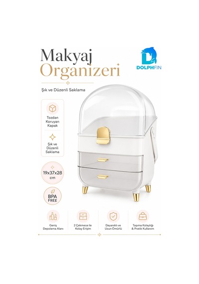 Kapaklı Makyaj Organizeri 2 Çekmeceli Taşınabilir Kozmetik Düzenleyici Beyaz