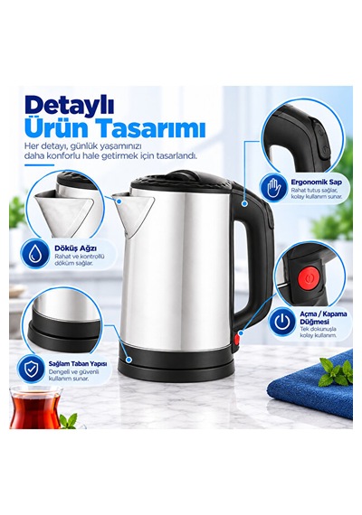 1.8 L Paslanmaz Çelik Elektrikli Su Isıtıcı Kettle 360 Döner Tabanlı Otomatik Kapanmalı Susuz Çalışma Korumalı
