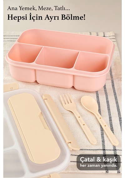 Sızdırmaz Contalı Yemek Kabı - 4 Bölmeli Çatal Kaşıklı Diyet Beslenme Kutusu Lunch Box Pembe Pembe
