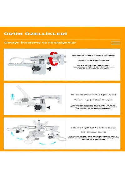 Szm Mikroskop Standı Çift Kollu Hareketli Bom Stand- Beyaz Ø76mm Tutucu / 380mm Sütun