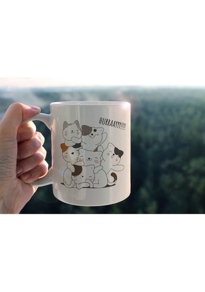 Hurraaayy Kedi Ailesi Özel Tasarım Baskılı Seramik Kahve Çay Kupası Beyaz