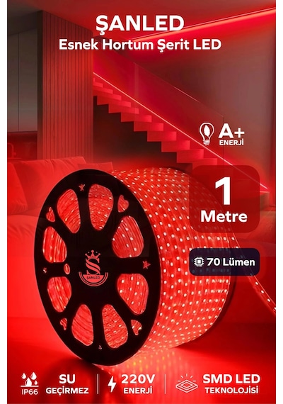 Hortum Esnek 220v Şerit Led Kırmızı 1 Metre 1 Metre