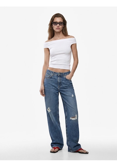 Koton Pamuklu Ribanalı Slim Fit Omzu Açık Madonna Yaka Tişört Beyaz 6sak50503ek
