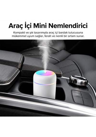 Araç İçi Mini Hava Nemlendirici Usb Ultrasonik Aroma Difüzörü Rgb Led Işıklı Sessiz Çalışma Bardak Tutuculu Tasarım