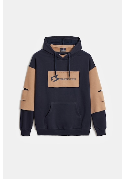 Shooter Sportwear Shooter Erkek Oversize Kapüşonlu Baskılı Kanguru Cepli Sweatshirt Lacivert - Bej