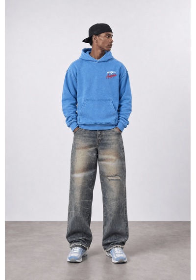 Respire Erkek Pis Dikiş Detaylı Yıkamalı Oversize Hoodie Bebe Mavi