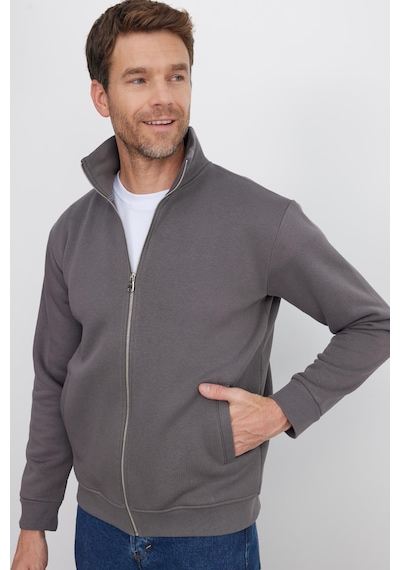 Tudors Unisex Relax Fit Rahat Kesim Pamuklu 3 İplik İçi Polarlı Fermuarlı Cepli Gri Sweatshirt Hırka-41678 Koyu Gri