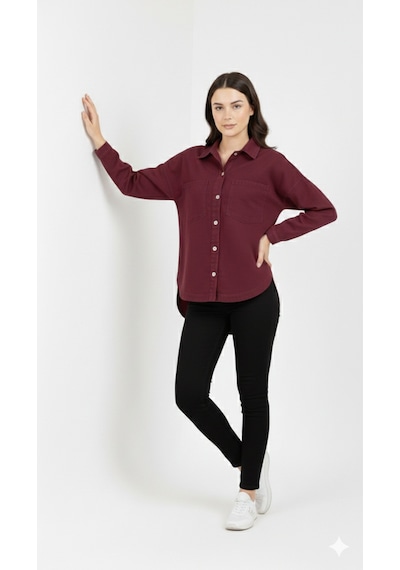 Kadın Kot Rahat Kesim Cepli Düz Denim Gömlek Bordo