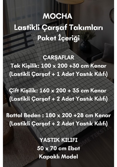 Mocha Beyaz Ekose Desenli Pamuklu Kumaş Lastikli Çarşaf Takımı Beyaz