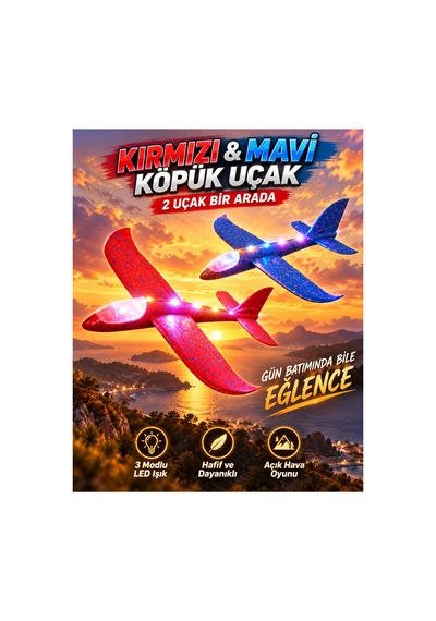 2 Li Led Işıklı Köpük Uçak Seti Kırmızı & Mavi Hafif Dayanıklı Fırlatma Uçağı Açık Hava Oyuncağı - 921732546