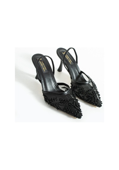 Lebibe Shoes Meggıe Kadın Siyah Sivri Burun 7 Cm Topuklu Tül Üzerine İnci İşlemeli Slingback Ayakkabı Lebibe Shoes Meggıe Kadın Siyah Sivri Burun 7 Cm Topuklu Tül Üzerine İnci İşlemeli Slingback Ayakkabı
