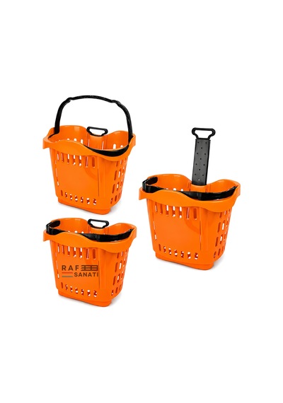 5 Adet - 43 Lt Tekerlekli Market Sepeti Plastik Alışveriş Sepeti Ergonomik Çift Saplı Turuncu