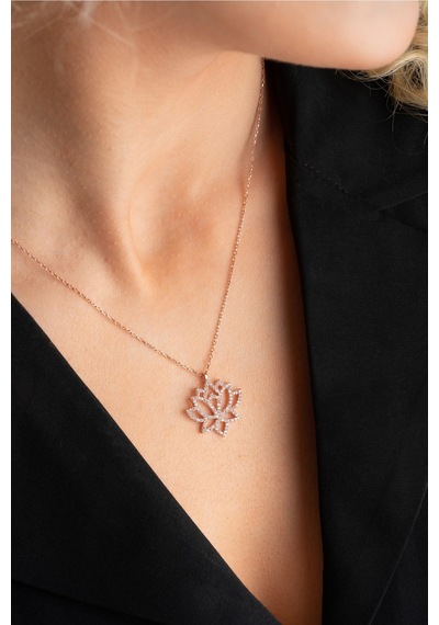 Nereze 925 Ayar Gümüş Zirkon Taşlı Rose Kaplama Lotus Çiçeği Tasarım Kolye