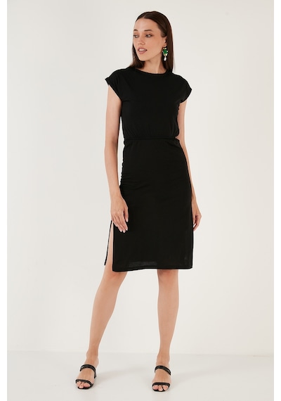Lela Pamuklu Kısa Kollu Çift Yırtmaçlı Midi Bayan Elbise 5864205 Siyah