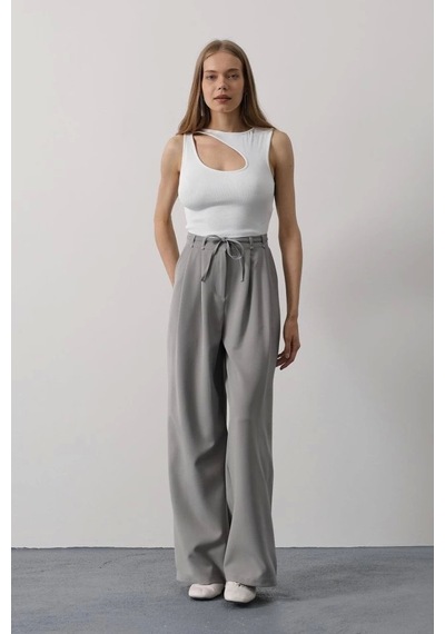 Defymoda Pileli Bağcıklı Oversize Pantolon - Gri Gri