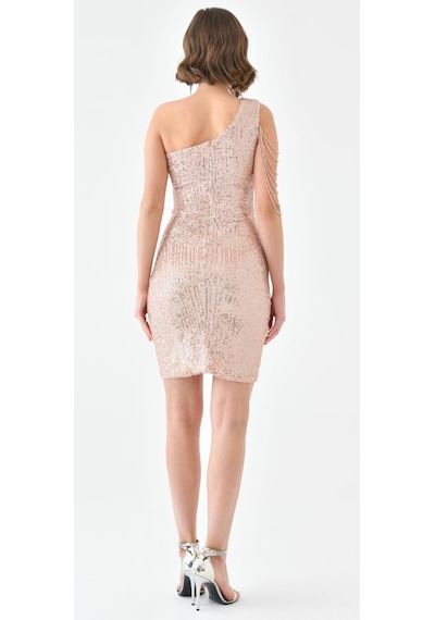 Hanife Glam Couture Hanife Glam Tek Omuz Taş Tasarımlı Mini Pulpayet Elbise Gold