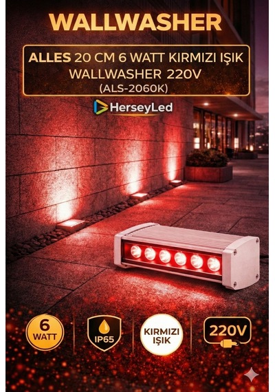 Alles 20 Cm 6 Watt Kırmızı Işık Wallwasher 220v Als-2060k Kırmızı
