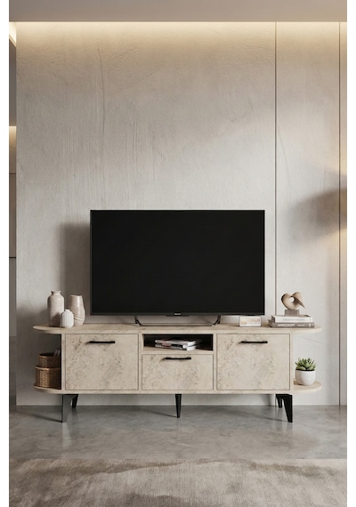 Tv Sehpası 160 Cm Modern 3 Kapaklı Tv Sehpa Çok Amaçlı Konsol Ünitesi Mira Ekru