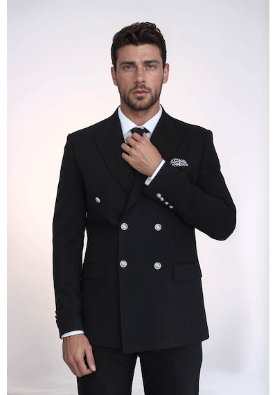 Gümüş Düğmeli Slim Fit Kruvaze Siyah Erkek Takım Elbise Wessi Siyah