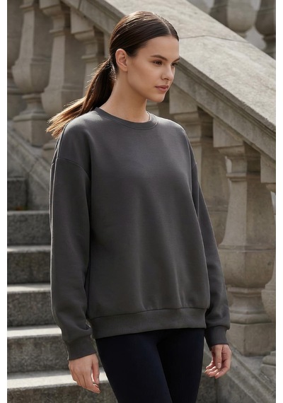 Koyu Gri Basic O Yaka Oversize Kadın Sweatshirt - 97053 Koyu Gri