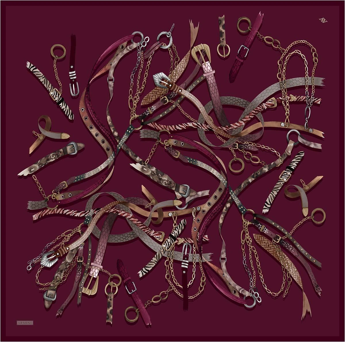 Armine Obje Desenli Saf İpek Twill Eşarp 9422d 08 Bordo