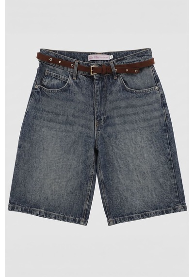 Blue White Kadın Beli Kemerli Bermuda Jean Şort İndigo