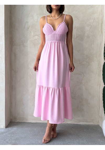 Verymoda Keten Görünümlü Askılı V Yaka Boydan Elbise I D2328 D2328 Pembe