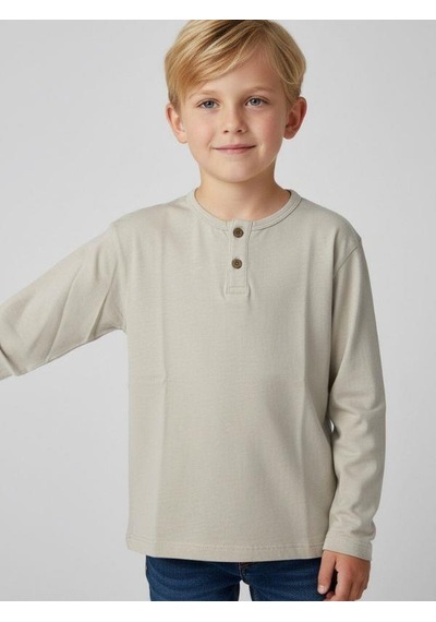 Zekids Erkek Çocuk Düğmeli Pamuklu İnce Uzun Kollu T-shirt-16778 Bej