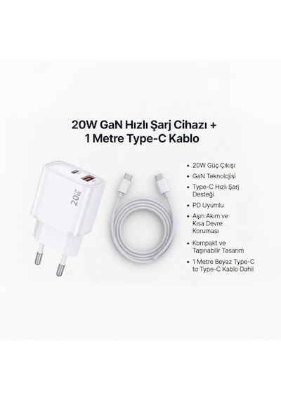 20w Gan Hızlı Şarj Adaptörü Cihazı 1 Metre Type-c Kablo Dahildir Beyaz