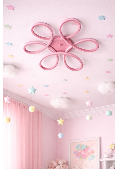 Ömür Avize Stella Modern Tasarım Ledli Pembe Çocuk Odası Avizesi Beyaz