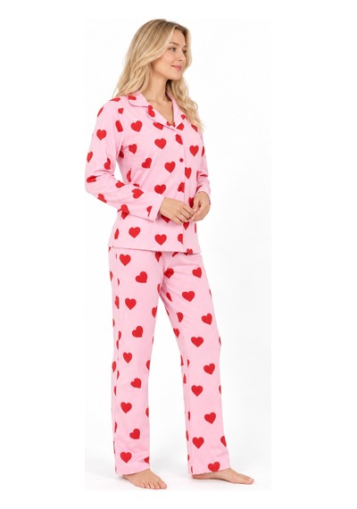 Sleeeproom Kadın Süet Düğmeli Mevsimlik Kalp Desen Pudra Pijama Takımı Kırmızı - Pembe