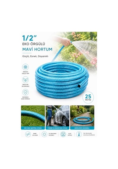 Beylini 1/2" 25 Metre Örgülü Bahçe Hortumu Balkon Bahçe Sulama Temizlik Araç Yıkama Su Hortumu Dolanmaz Kırılmaz Yeşil Mavi, 1/2" 25 Mt